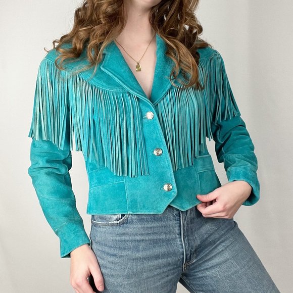 Vintage Jackets & Blazers - Vintage Suede Leather Fringe Jacket Western Boho Coat Blazer Festival Bohemian
